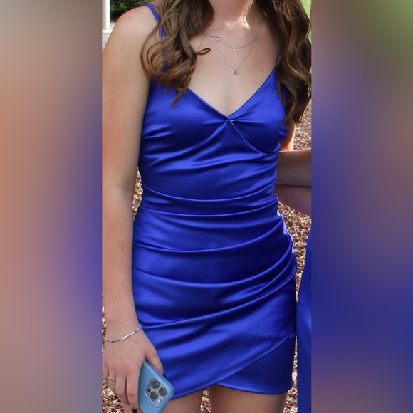 Satin Blue Slip Dress with Spaghetti Straps - Picture 2 of 3